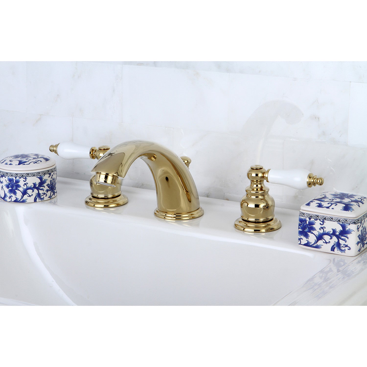 Kingston Heirloom KB972PLB - Victorian Two-Handle 3-Hole Deck Mount Widespread Bathroom Faucet with Brass Pop-Up, Polished Brass — thumbnail 2